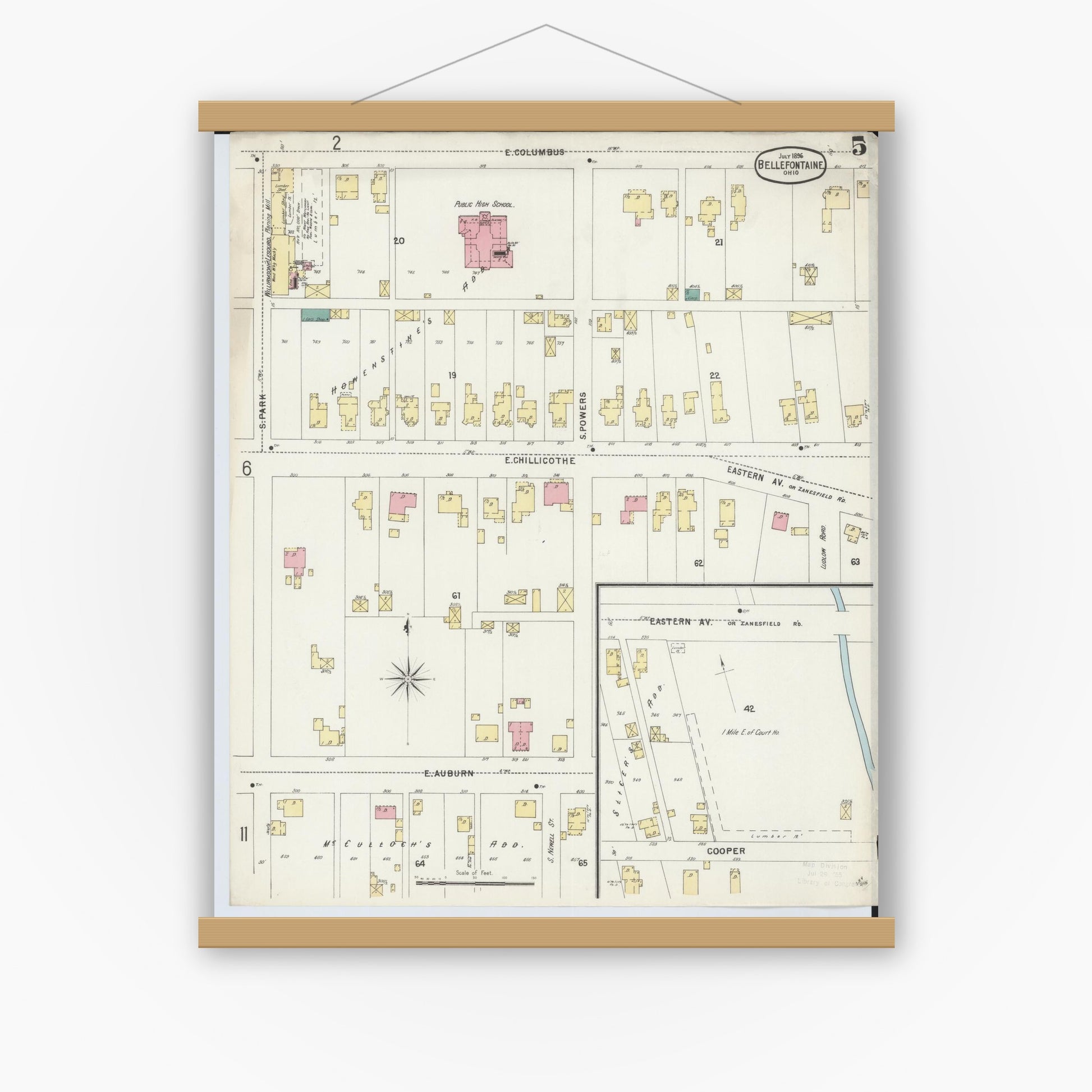 Old map wall art mockup — magnetic wood frame on white wall — Sanborn Fire Insurance Map from Bellefontaine, Logan County, Ohio (1896), Sheet #0005