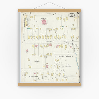 Old map wall art mockup — magnetic wood frame on white wall — Sanborn Fire Insurance Map from Bellefontaine, Logan County, Ohio (1896), Sheet #0005