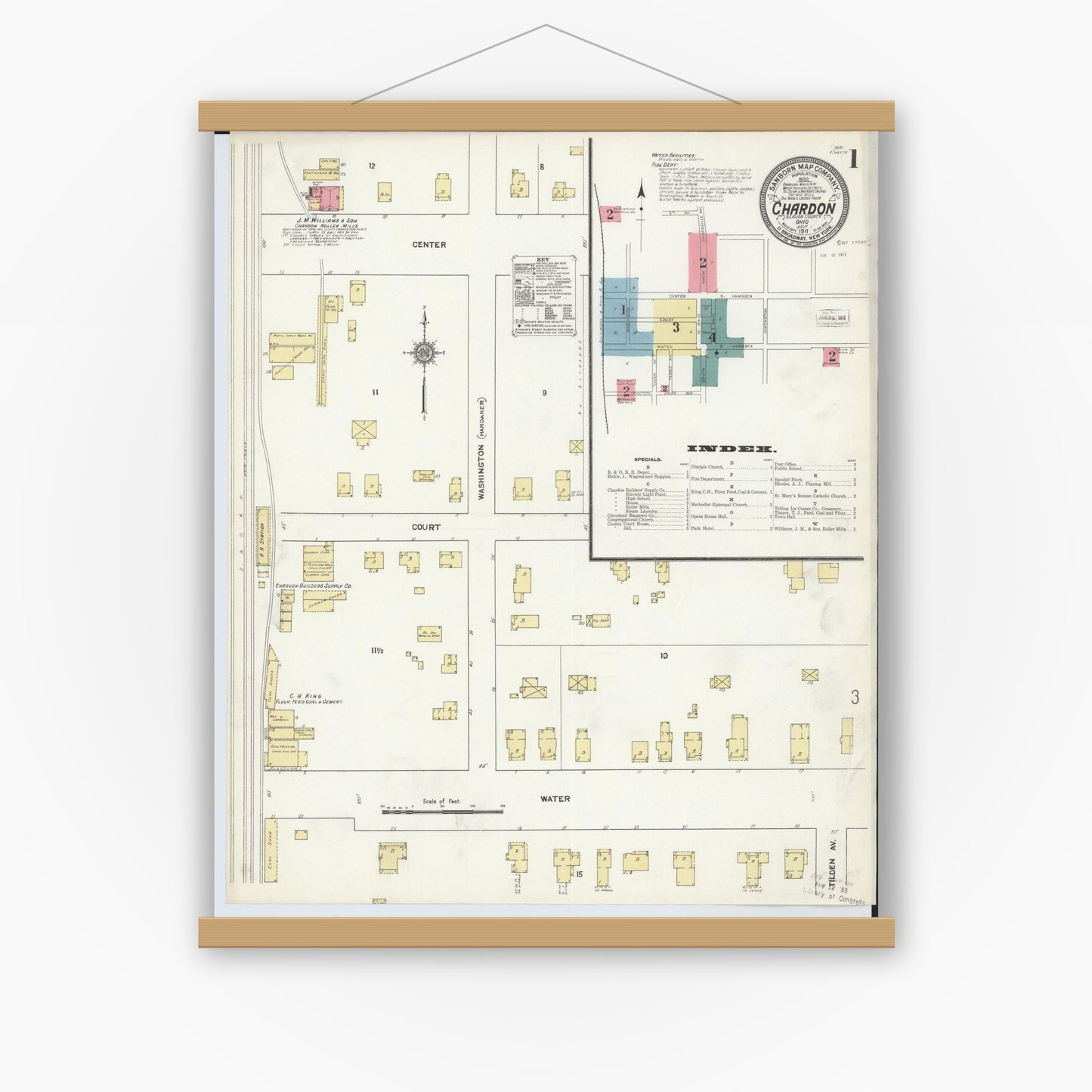 Old map wall art mockup — magnetic wood frame on white wall — Sanborn Fire Insurance Map from Chardon, Geauga County, Ohio (1911), Sheet #0001