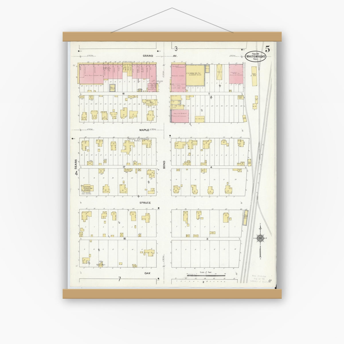 Old map wall art mockup — magnetic wood frame on white wall — Sanborn Fire Insurance Map from Whitewright, Grayson County, Texas (1911), Sheet #0005