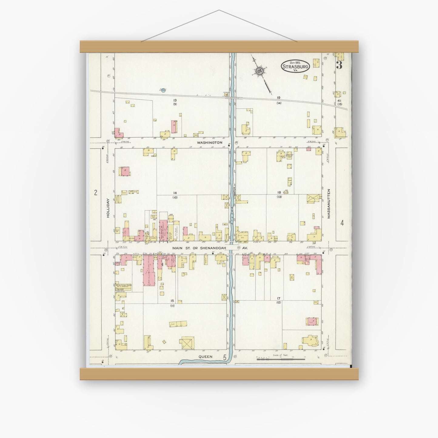 Old map wall art mockup — magnetic wood frame on white wall — Sanborn Fire Insurance Map from Strasburg, Shenandoah County, Virginia (1915), Sheet #0003