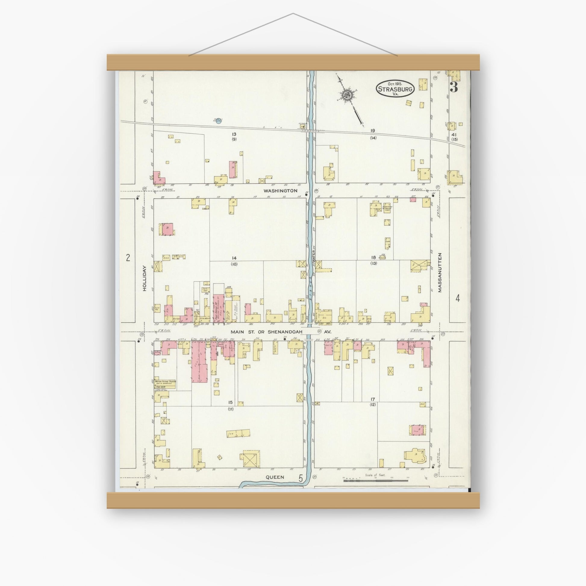 Old map wall art mockup — magnetic wood frame on white wall — Sanborn Fire Insurance Map from Strasburg, Shenandoah County, Virginia (1915), Sheet #0003