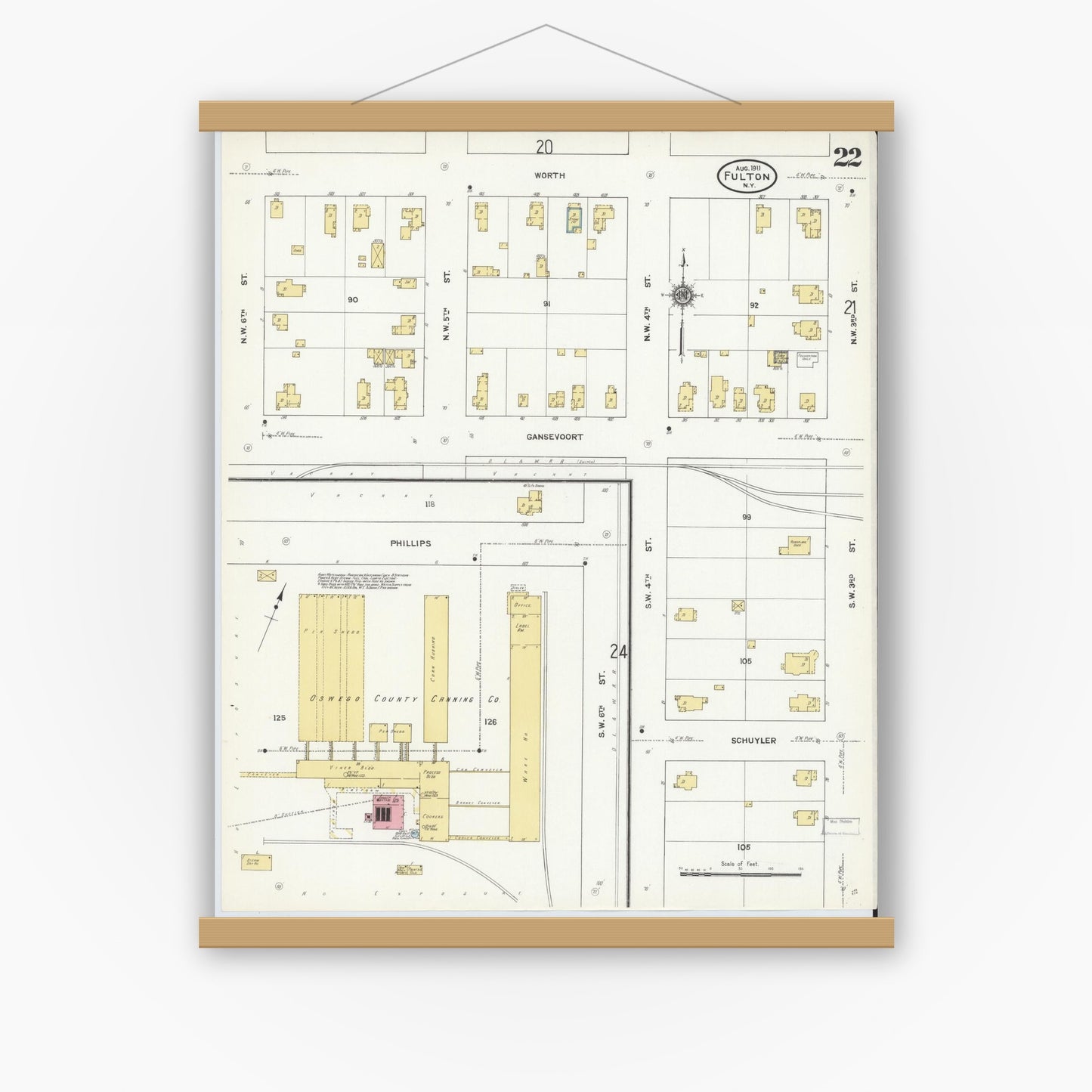 Old map wall art mockup — magnetic wood frame on white wall — Sanborn Fire Insurance Map from Fulton, Oswego County, New York (1911), Sheet #0022