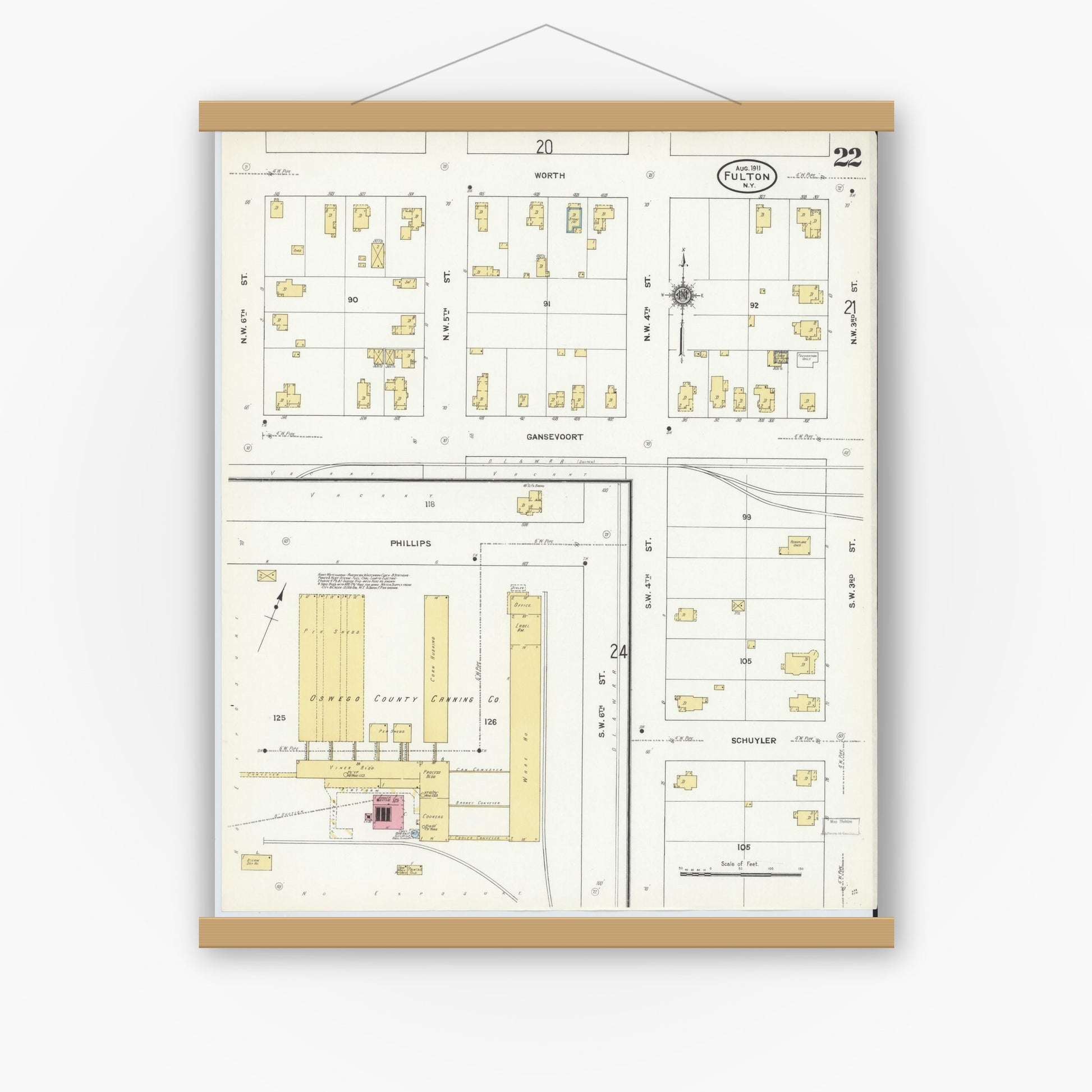 Old map wall art mockup — magnetic wood frame on white wall — Sanborn Fire Insurance Map from Fulton, Oswego County, New York (1911), Sheet #0022