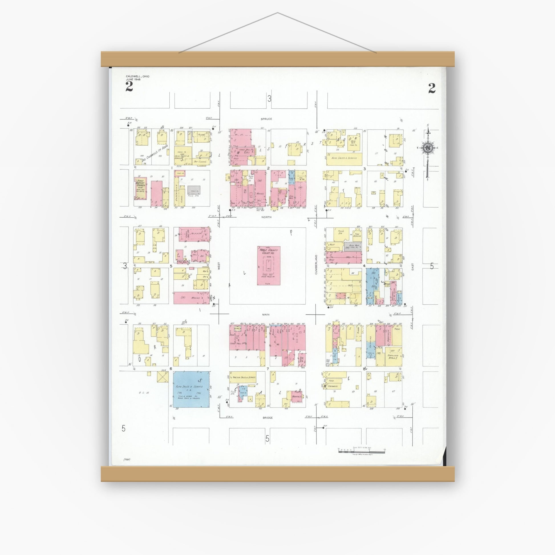 Old map wall art mockup — magnetic wood frame on white wall — Sanborn Fire Insurance Map from Caldwell, Noble County, Ohio (1948), Sheet #0002