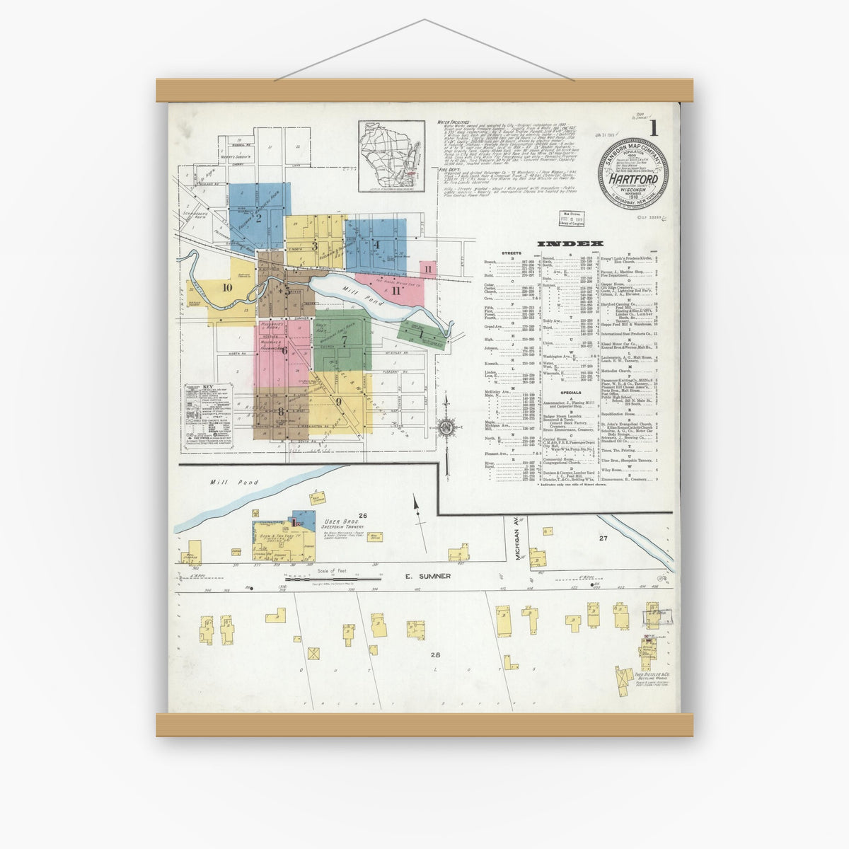 Old map wall art mockup — magnetic wood frame on white wall — Sanborn Fire Insurance Map from Hartford, Washington County, Wisconsin (1918) - Complete Map Set