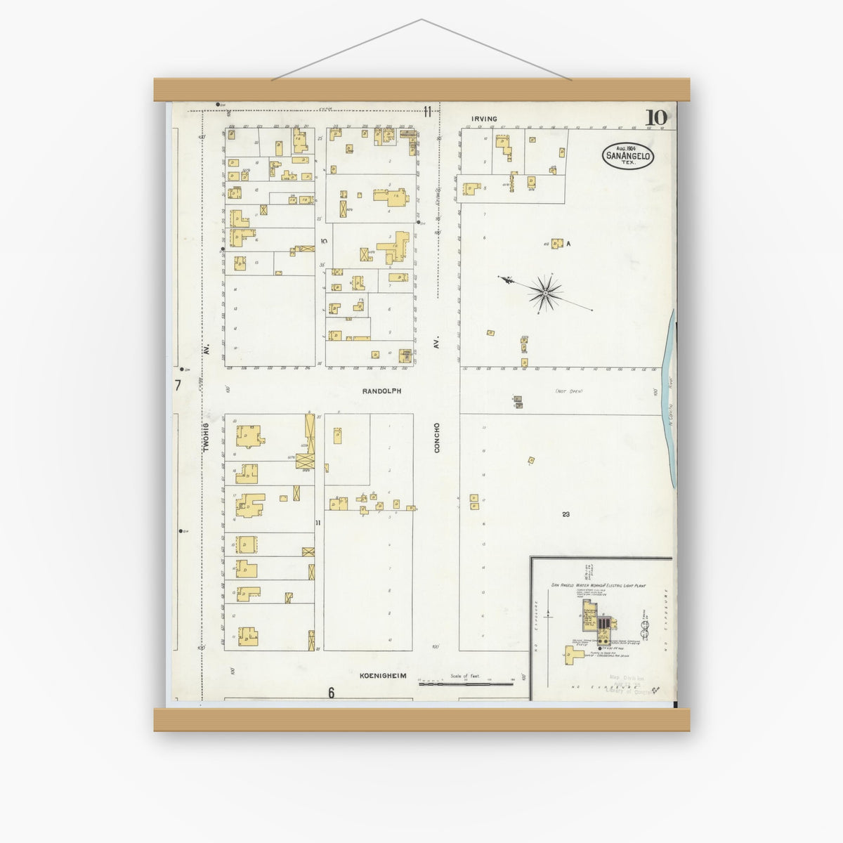 Old map wall art mockup — magnetic wood frame on white wall — Sanborn Fire Insurance Map from San Angelo, Tom Green County, Texas (1904), Sheet #0010