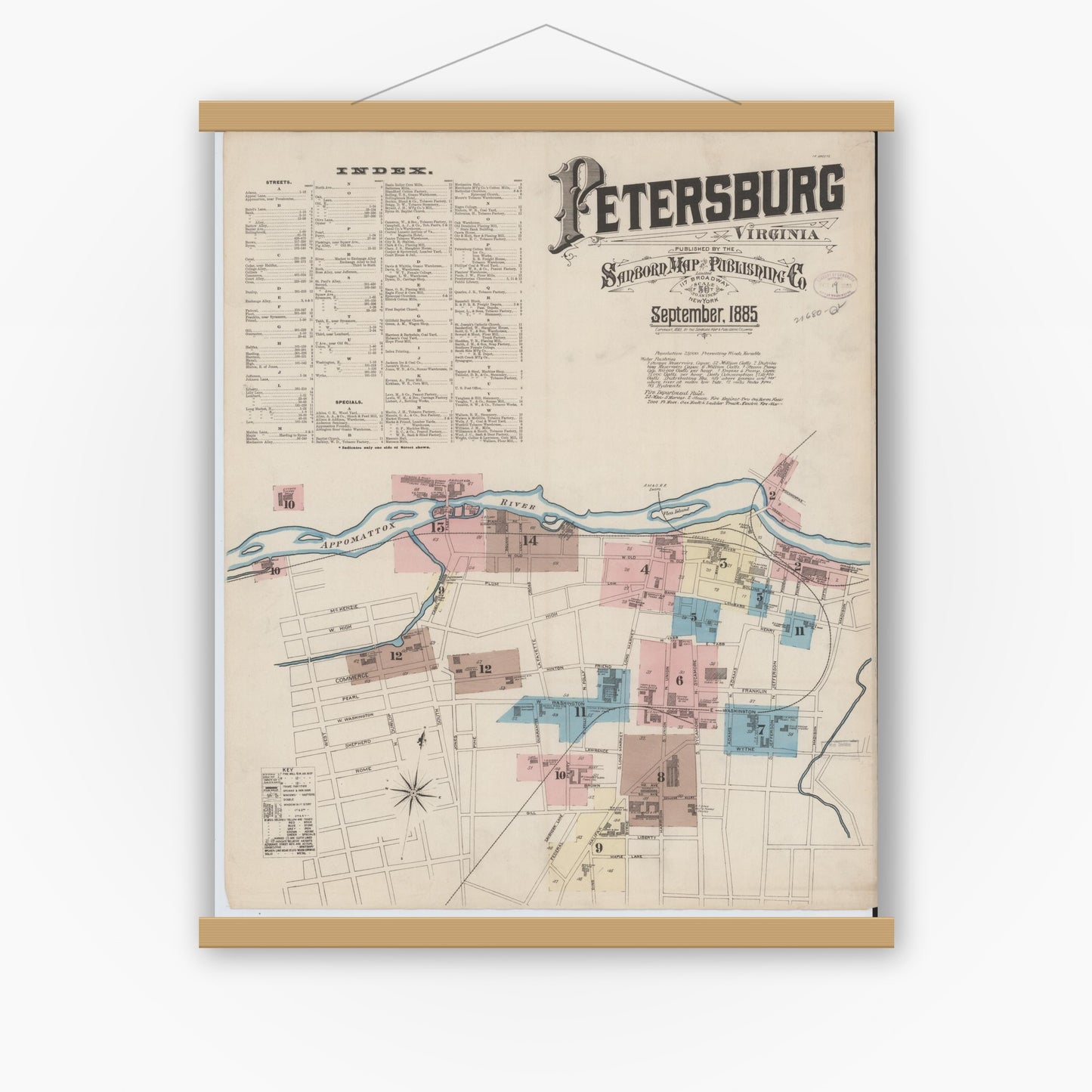 Old map wall art mockup — magnetic wood frame on white wall — Sanborn Fire Insurance Map from Petersburg, Independent Cities, Virginia (1885) - Complete Map Set