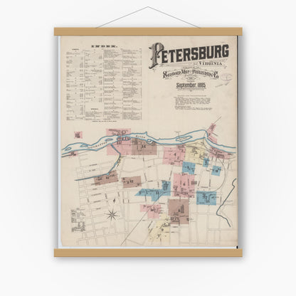 Old map wall art mockup — magnetic wood frame on white wall — Sanborn Fire Insurance Map from Petersburg, Independent Cities, Virginia (1885) - Complete Map Set