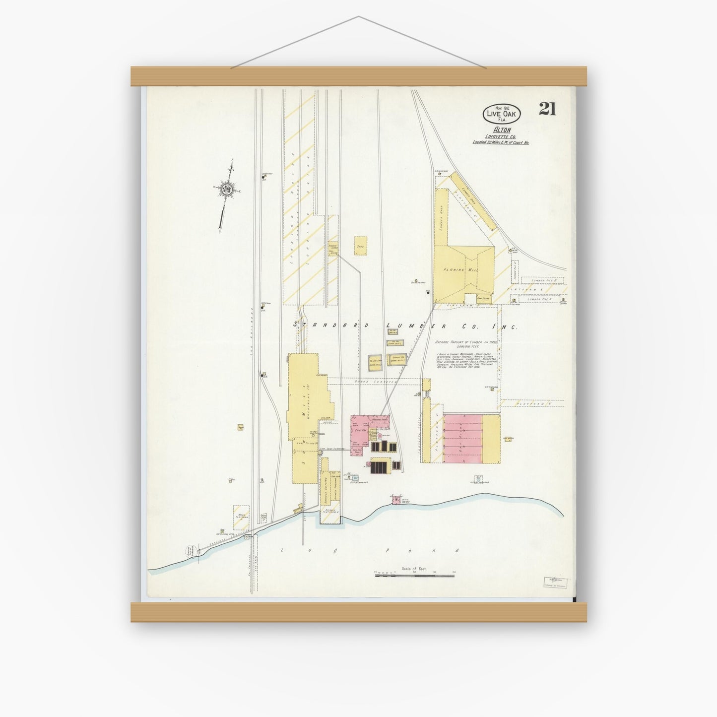 Old map wall art mockup — magnetic wood frame on white wall — Sanborn Fire Insurance Map from Live Oak, Suwanee County, Florida (1912), Sheet #0021