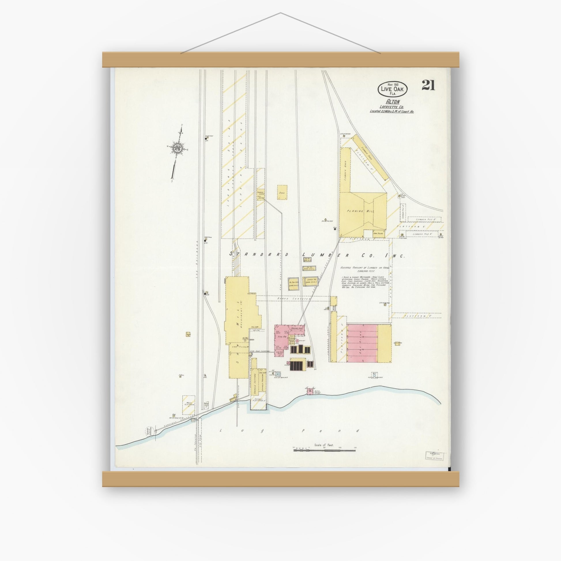 Old map wall art mockup — magnetic wood frame on white wall — Sanborn Fire Insurance Map from Live Oak, Suwanee County, Florida (1912), Sheet #0021