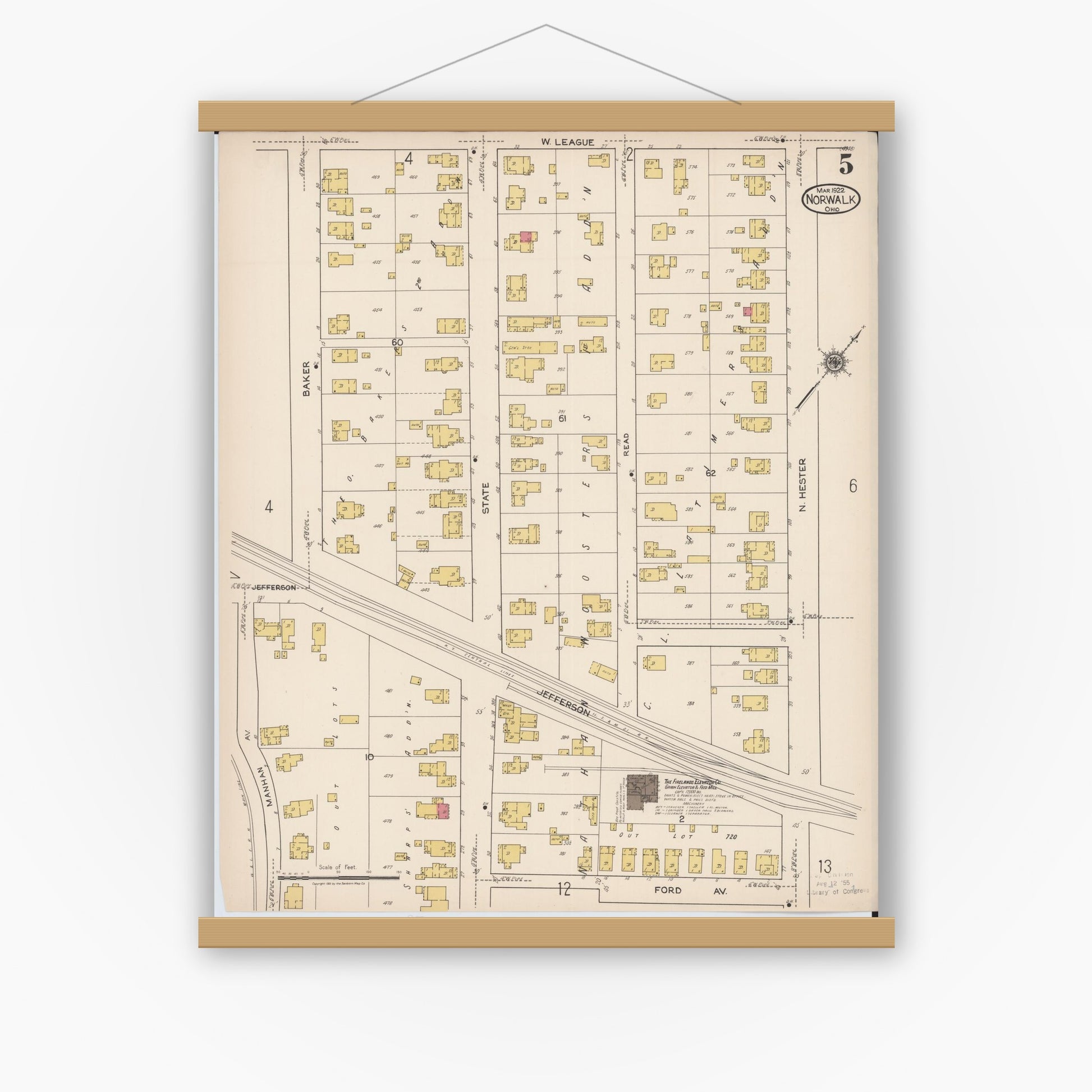 Old map wall art mockup — magnetic wood frame on white wall — Sanborn Fire Insurance Map from Norwalk, Huron County, Ohio (1922), Sheet #0005