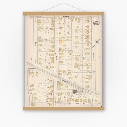 Old map wall art mockup — magnetic wood frame on white wall — Sanborn Fire Insurance Map from Norwalk, Huron County, Ohio (1922), Sheet #0005