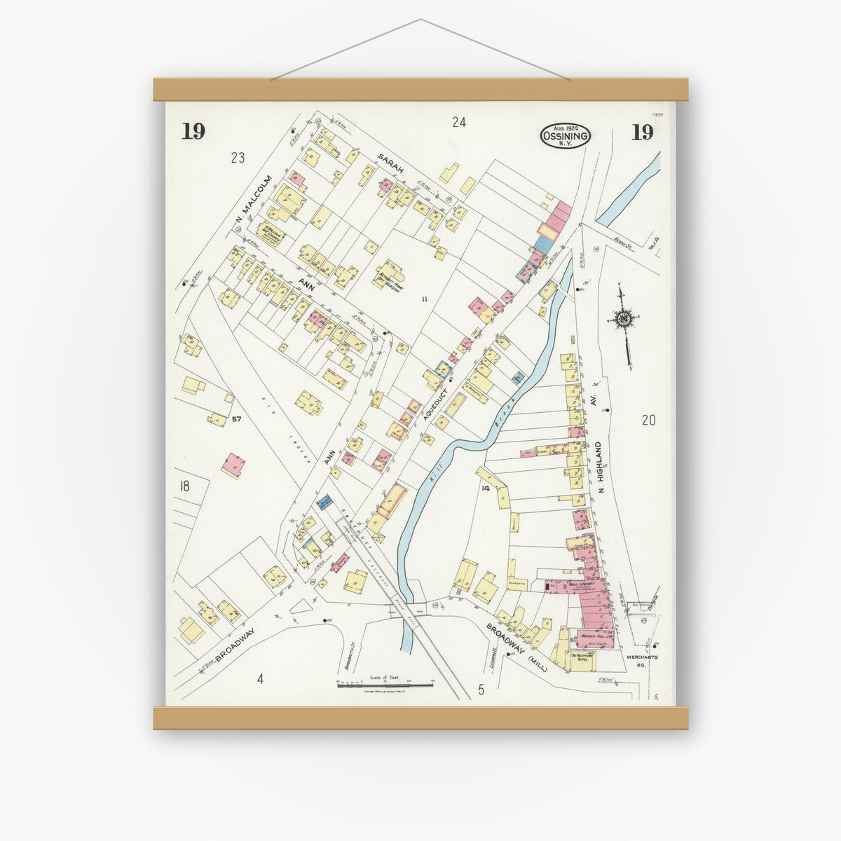 Old map wall art mockup — magnetic wood frame on white wall — Sanborn Fire Insurance Map from Ossining, Westchester County, New York (1924), Sheet #0019