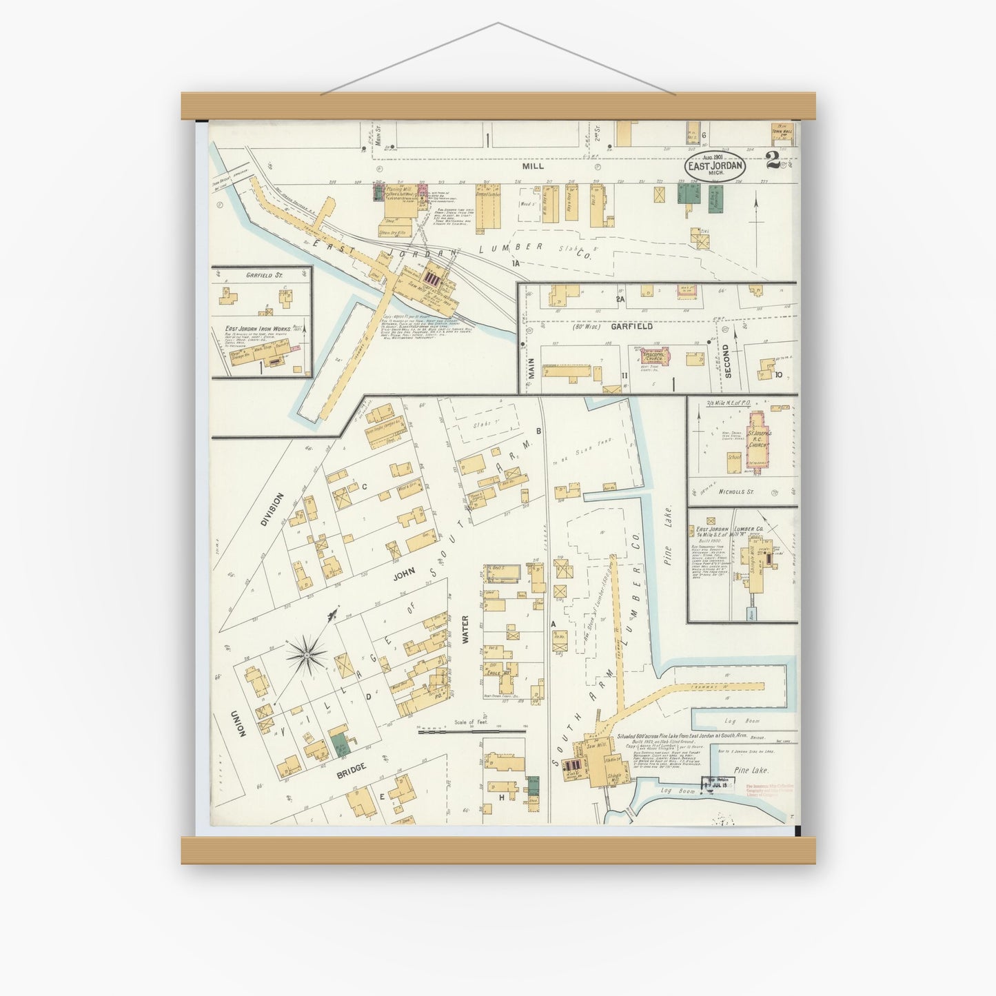 Old map wall art mockup — magnetic wood frame on white wall — Sanborn Fire Insurance Map from East Jordan, Charlevoix County, Michigan (1901), Sheet #0002