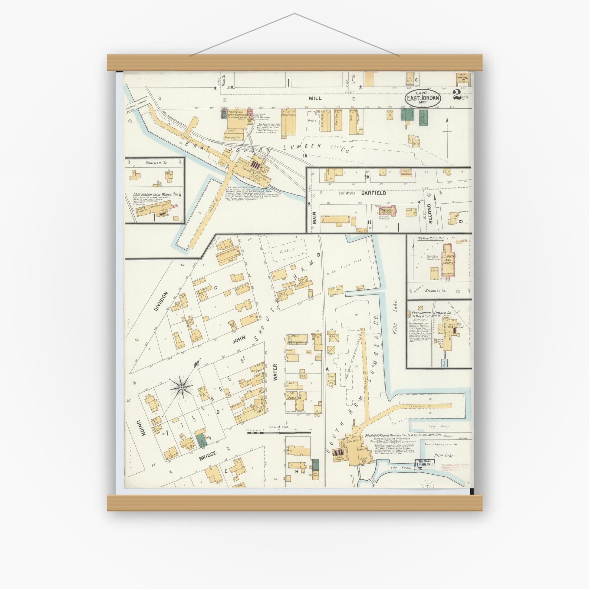 Old map wall art mockup — magnetic wood frame on white wall — Sanborn Fire Insurance Map from East Jordan, Charlevoix County, Michigan (1901), Sheet #0002