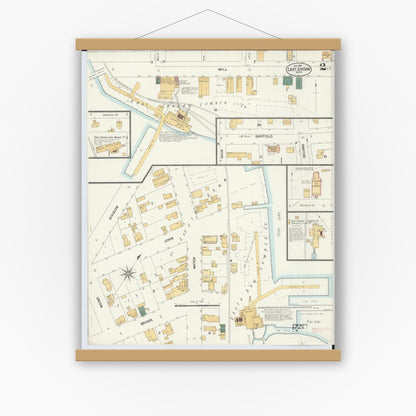 Old map wall art mockup — magnetic wood frame on white wall — Sanborn Fire Insurance Map from East Jordan, Charlevoix County, Michigan (1901), Sheet #0002