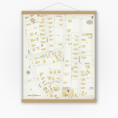 Old map wall art mockup — magnetic wood frame on white wall — Sanborn Fire Insurance Map from Natick, Middlesex County, Massachusetts (1899), Sheet #0003