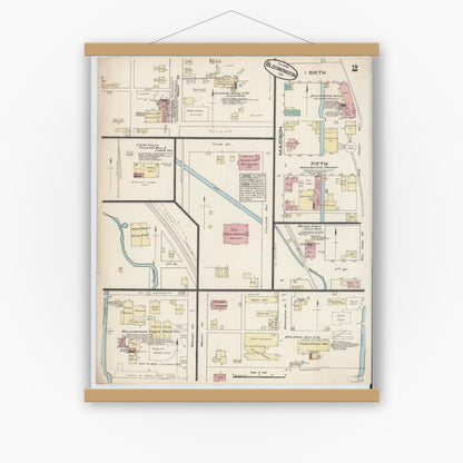 Old map wall art mockup — magnetic wood frame on white wall — Sanborn Fire Insurance Map from Bloomington, Monroe County, Indiana (1883), Sheet #0002