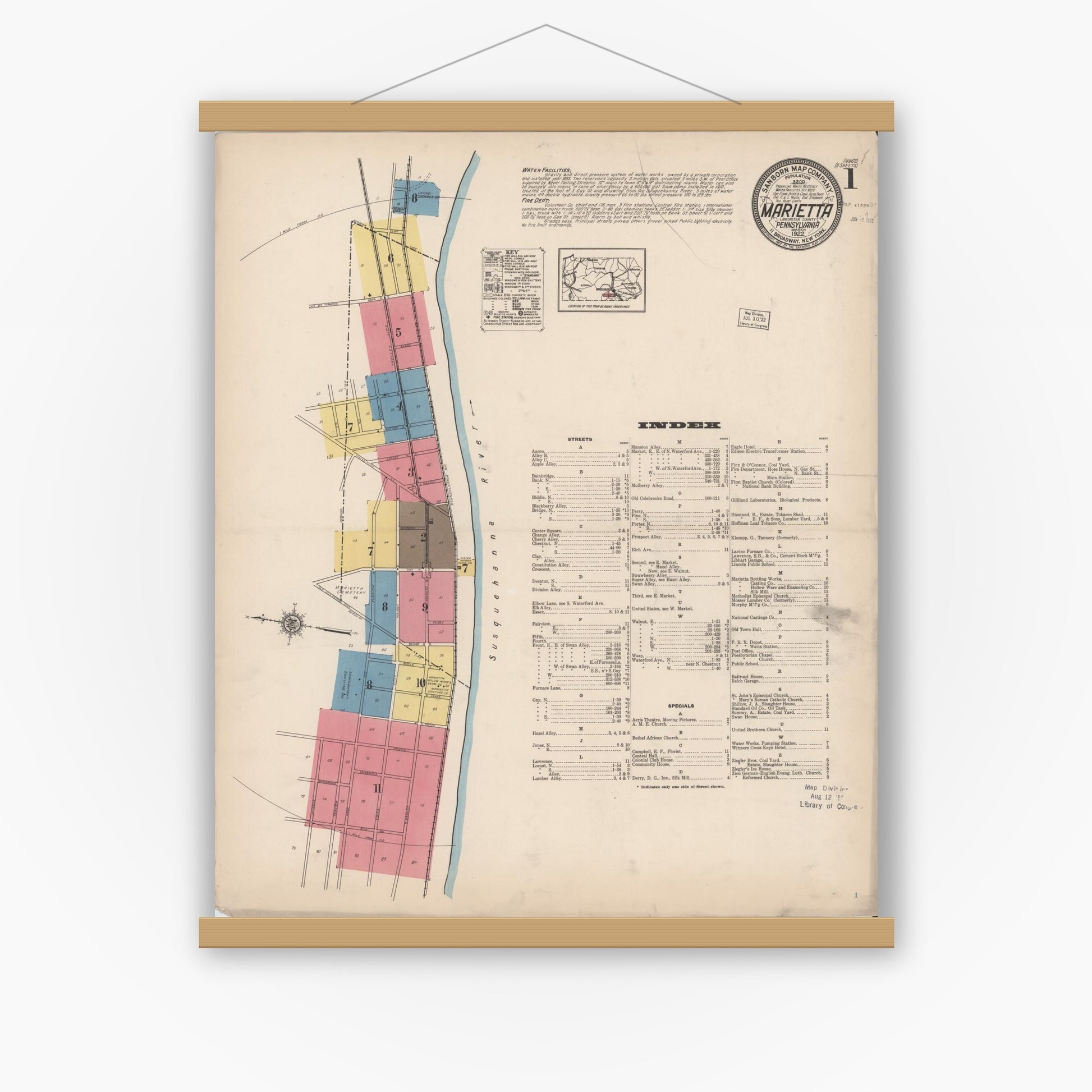 Old map wall art mockup — magnetic wood frame on white wall — Sanborn Fire Insurance Map from Marietta, Lancaster County, Pennsylvania (1922), Sheet #0001
