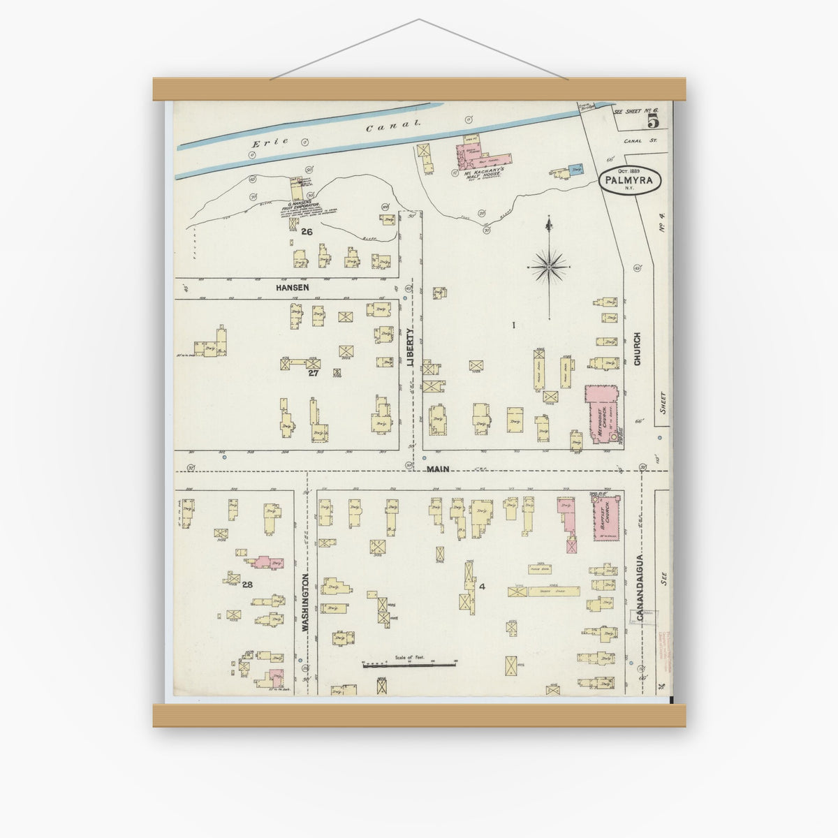Old map wall art mockup — magnetic wood frame on white wall — Sanborn Fire Insurance Map from Palmyra, Wayne County, New York (1889), Sheet #0005