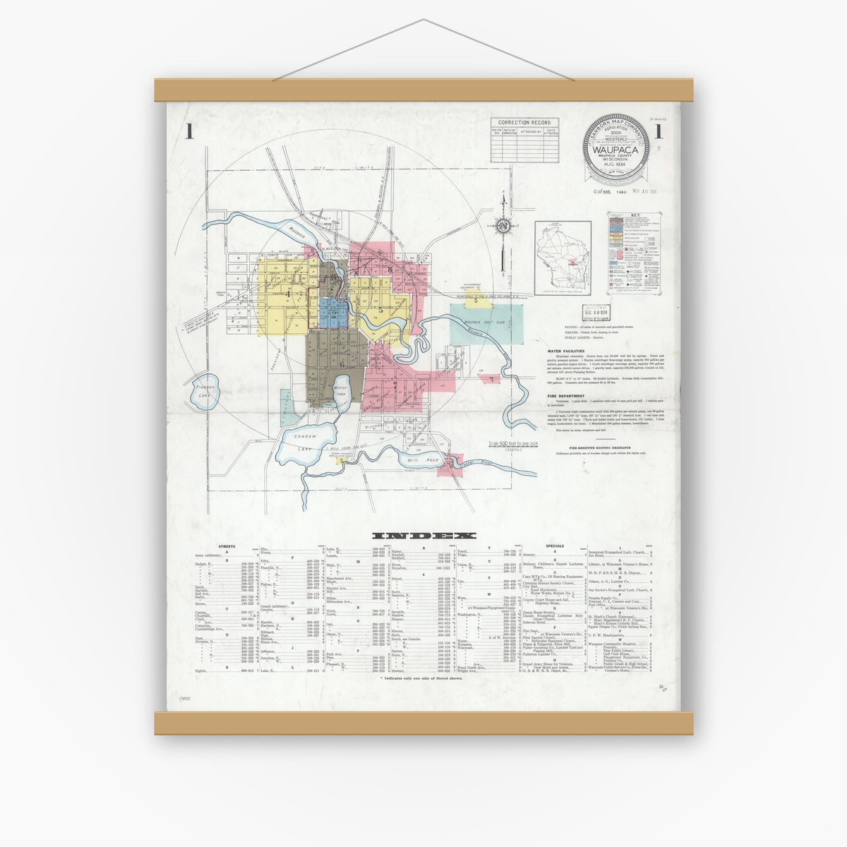 Old map wall art mockup — magnetic wood frame on white wall — Sanborn Fire Insurance Map from Waupaca, Waupaca County, Wisconsin (1934) - Complete Map Set