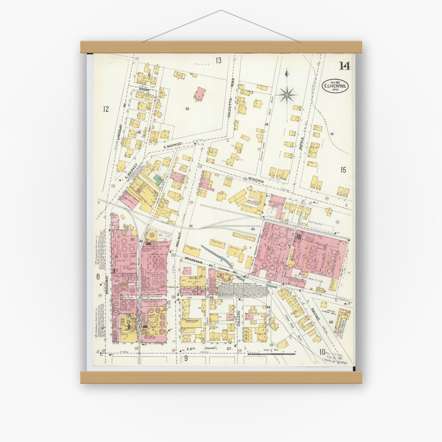 Old map wall art mockup — magnetic wood frame on white wall — Sanborn Fire Insurance Map from East Liverpool, Columbiana County, Ohio (1903), Sheet #0014