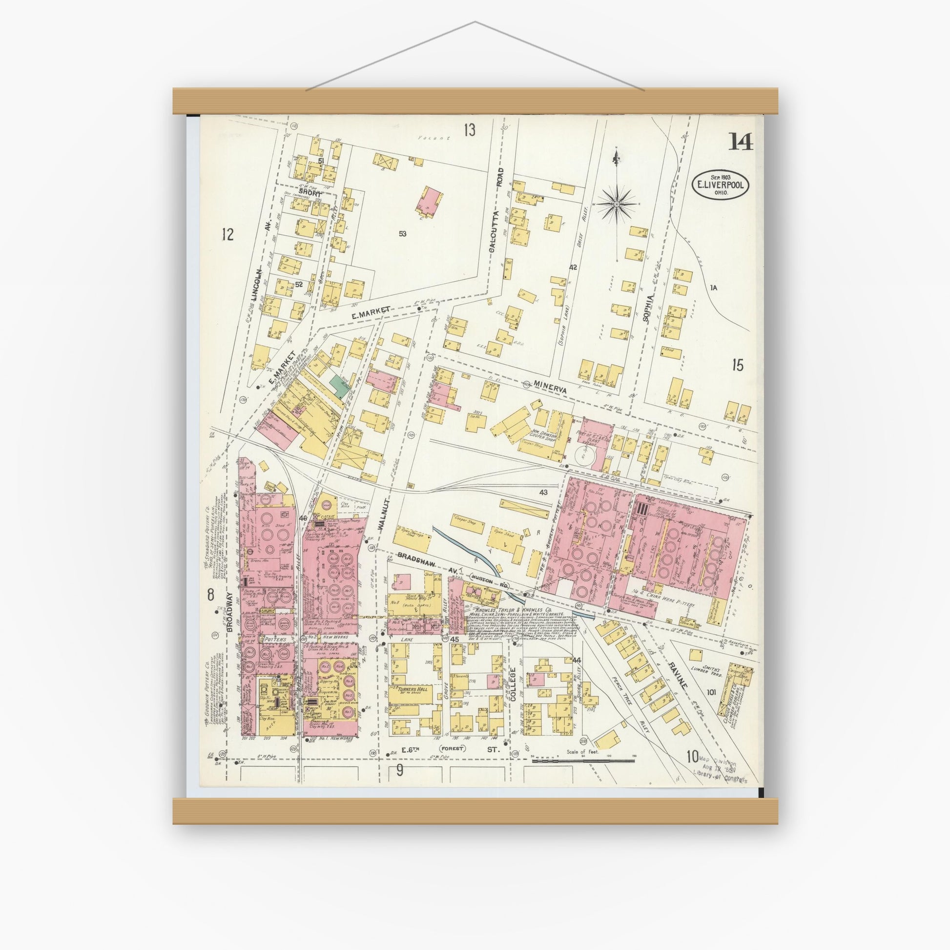 Old map wall art mockup — magnetic wood frame on white wall — Sanborn Fire Insurance Map from East Liverpool, Columbiana County, Ohio (1903), Sheet #0014