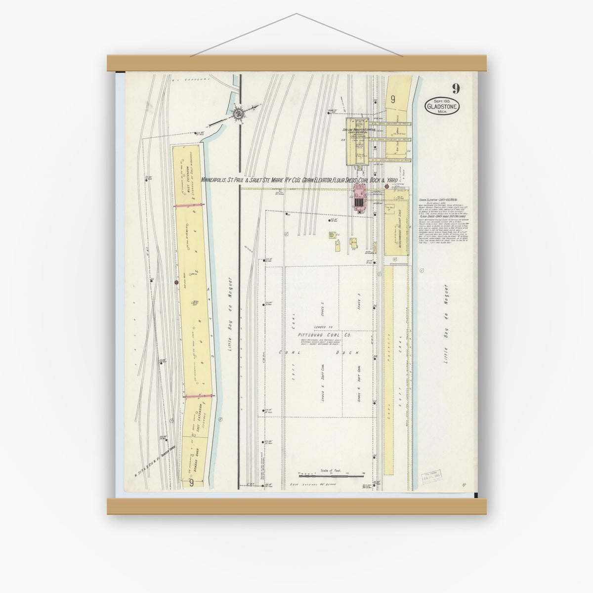 Old map wall art mockup — magnetic wood frame on white wall — Sanborn Fire Insurance Map from Gladstone, Delta County, Michigan (1913), Sheet #0009