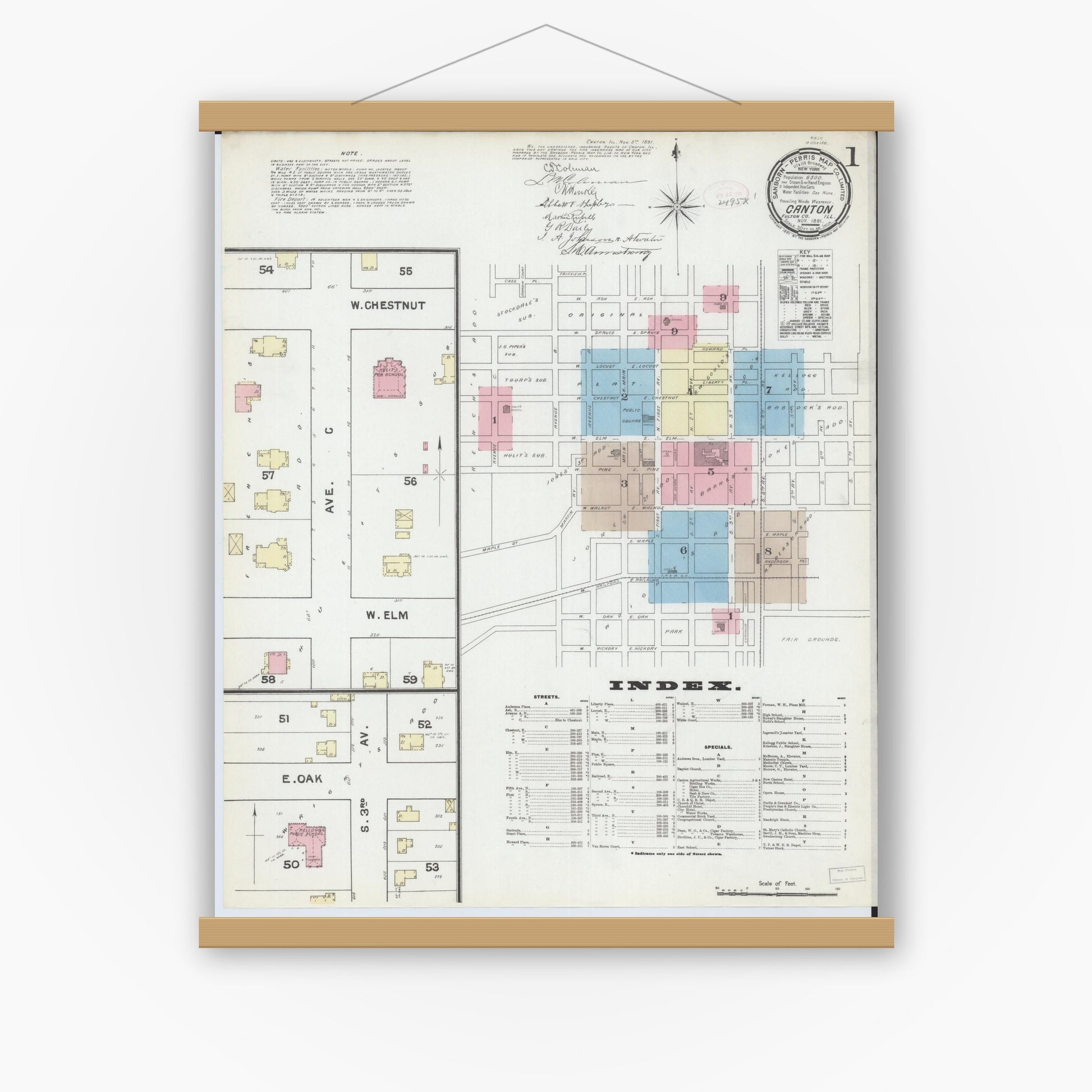 Old map wall art mockup — magnetic wood frame on white wall — Sanborn Fire Insurance Map from Canton, Fulton County, Illinois (1891) - Complete Map Set