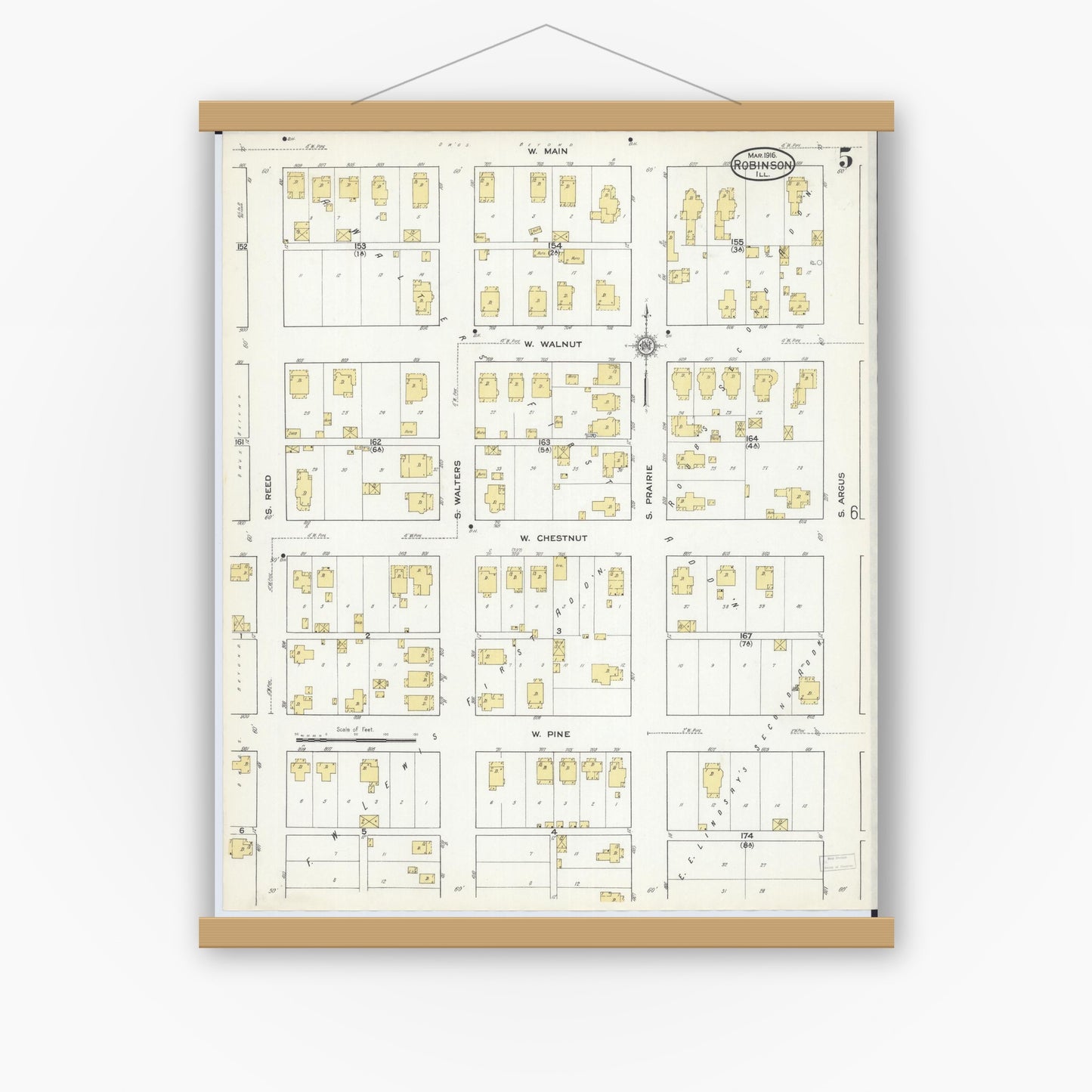 Old map wall art mockup — magnetic wood frame on white wall — Sanborn Fire Insurance Map from Robinson, Crawford County, Illinois (1916), Sheet #0005