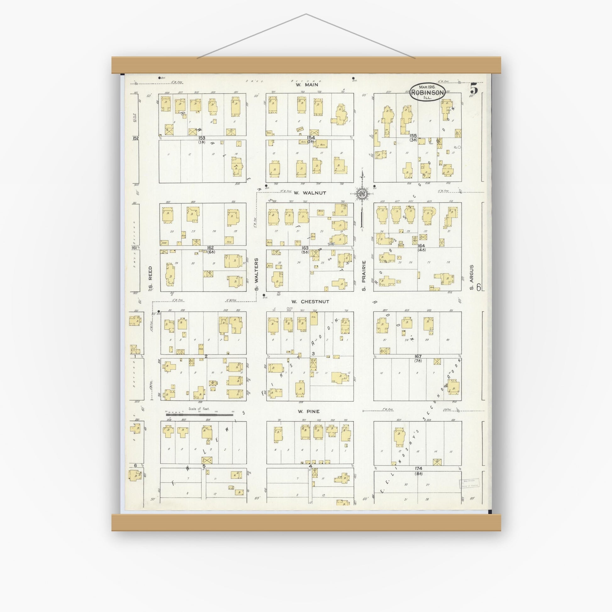 Old map wall art mockup — magnetic wood frame on white wall — Sanborn Fire Insurance Map from Robinson, Crawford County, Illinois (1916), Sheet #0005