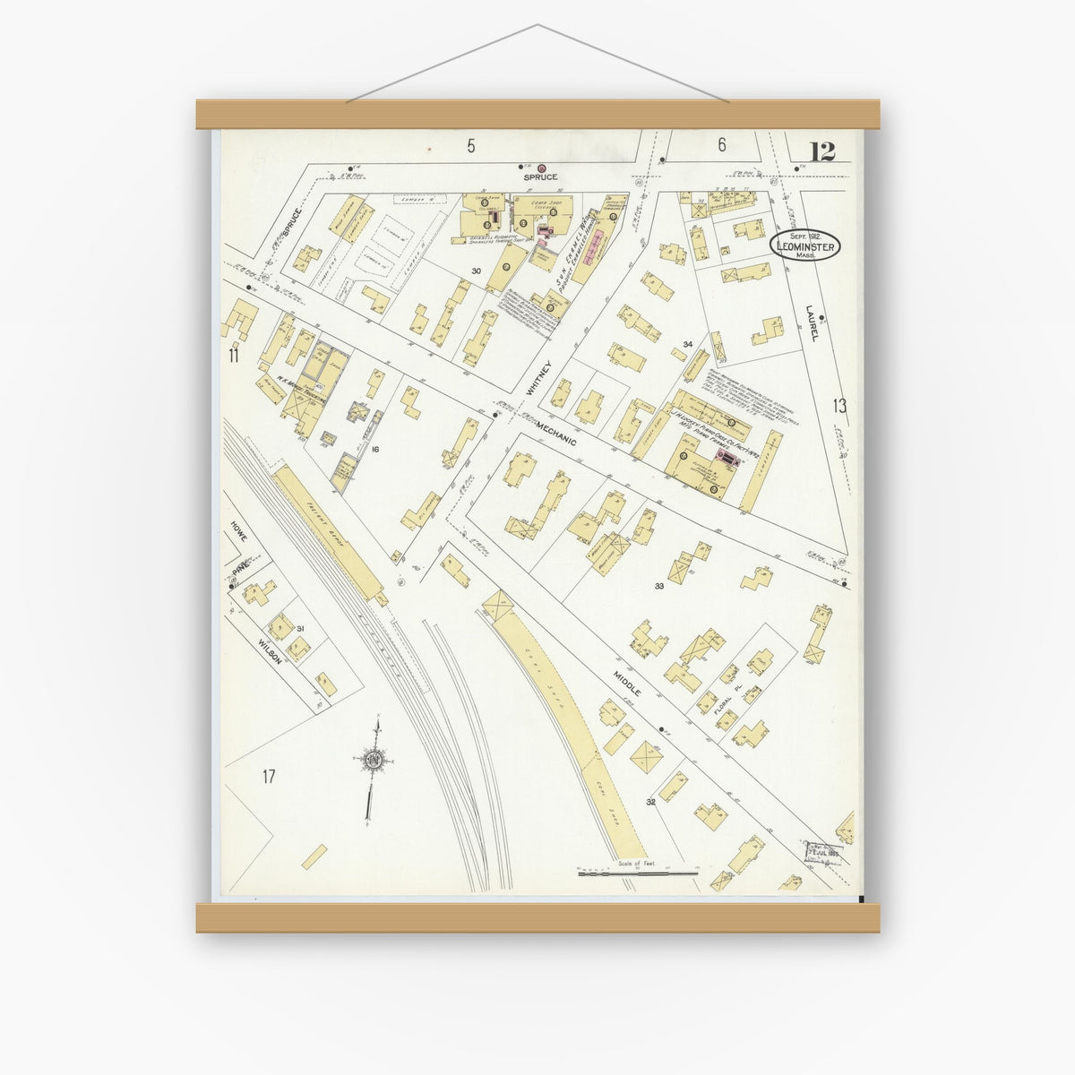 Old map wall art mockup — magnetic wood frame on white wall — Sanborn Fire Insurance Map from Leominster, Worcester County, Massachusetts (1912), Sheet #0012