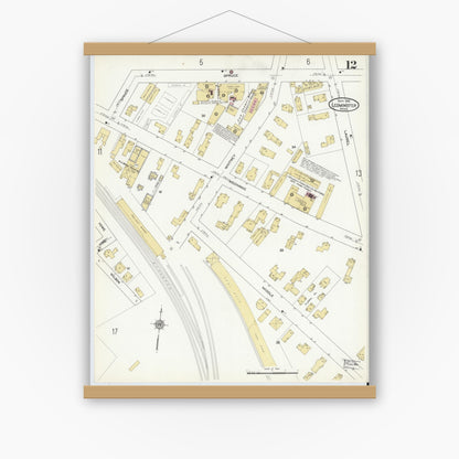 Old map wall art mockup — magnetic wood frame on white wall — Sanborn Fire Insurance Map from Leominster, Worcester County, Massachusetts (1912), Sheet #0012