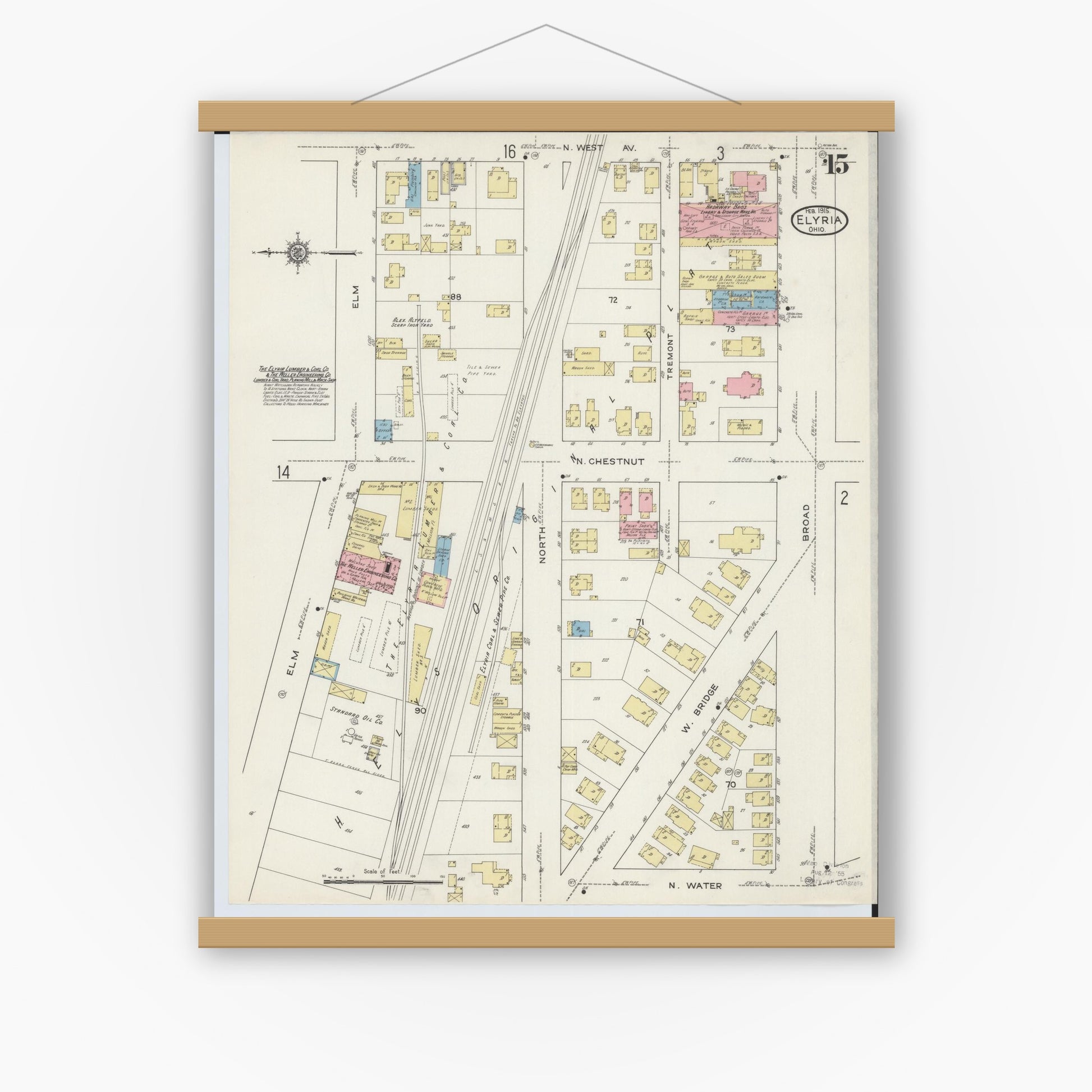 Old map wall art mockup — magnetic wood frame on white wall — Sanborn Fire Insurance Map from Elyria, Lorain County, Ohio (1915), Sheet #0015