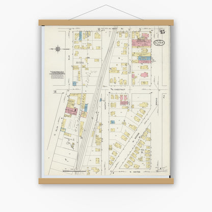 Old map wall art mockup — magnetic wood frame on white wall — Sanborn Fire Insurance Map from Elyria, Lorain County, Ohio (1915), Sheet #0015