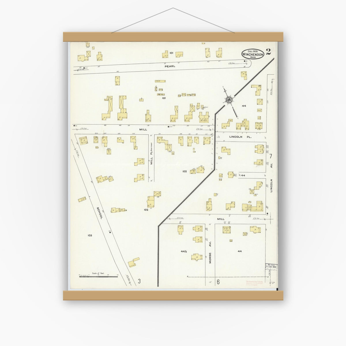 Old map wall art mockup — magnetic wood frame on white wall — Sanborn Fire Insurance Map from Winchendon, Worcester County, Massachusetts (1909), Sheet #0002