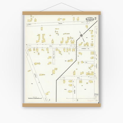 Old map wall art mockup — magnetic wood frame on white wall — Sanborn Fire Insurance Map from Winchendon, Worcester County, Massachusetts (1909), Sheet #0002