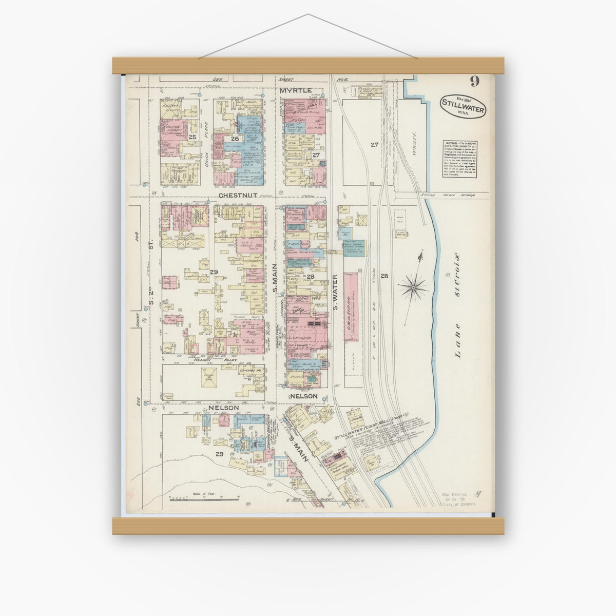 Old map wall art mockup — magnetic wood frame on white wall — Sanborn Fire Insurance Map from Stillwater, Washington County, Minnesota (1884), Sheet #0009