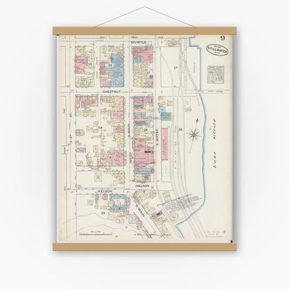Old map wall art mockup — magnetic wood frame on white wall — Sanborn Fire Insurance Map from Stillwater, Washington County, Minnesota (1884), Sheet #0009