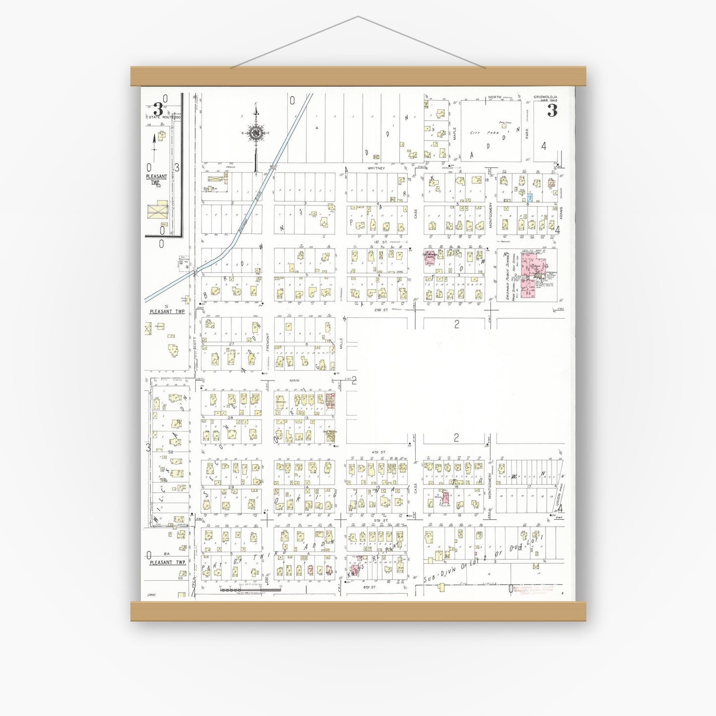 Old map wall art mockup — magnetic wood frame on white wall — Sanborn Fire Insurance Map from Griswold, Cass County, Iowa (1948), Sheet #0003