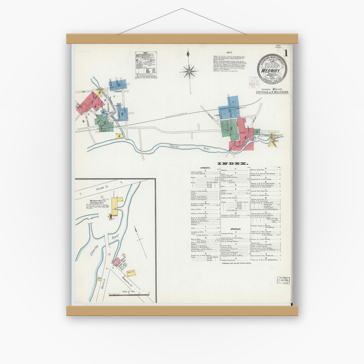 Old map wall art mockup — magnetic wood frame on white wall — Sanborn Fire Insurance Map from Medway, Norfolk County, Massachusetts (1903), Sheet #0001