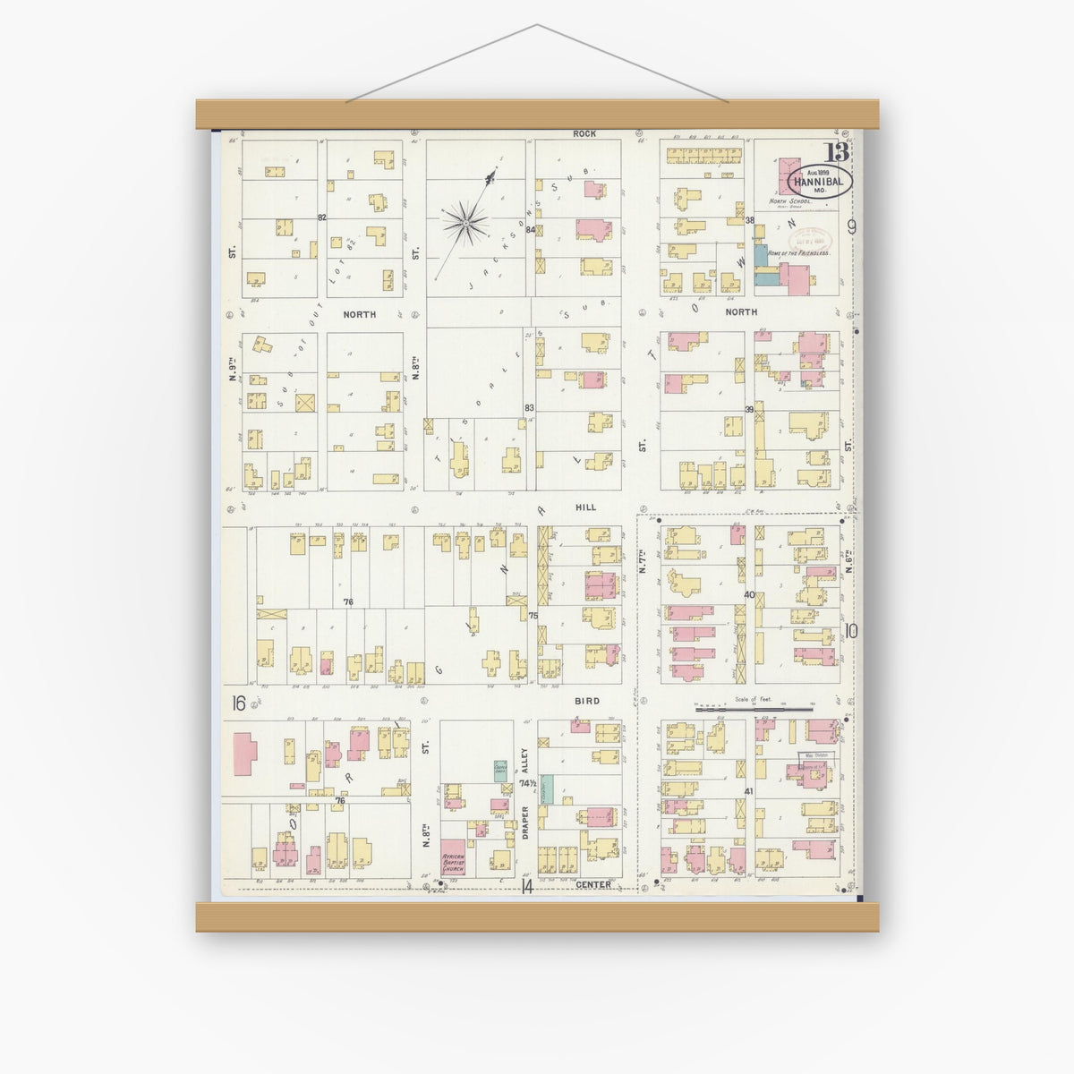 Old map wall art mockup — magnetic wood frame on white wall — Sanborn Fire Insurance Map from Hannibal, Marion County, Missouri (1899), Sheet #0013