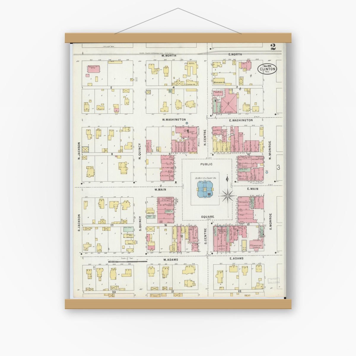 Old map wall art mockup — magnetic wood frame on white wall — Sanborn Fire Insurance Map from Clinton, De Witt County, Illinois (1898), Sheet #0002