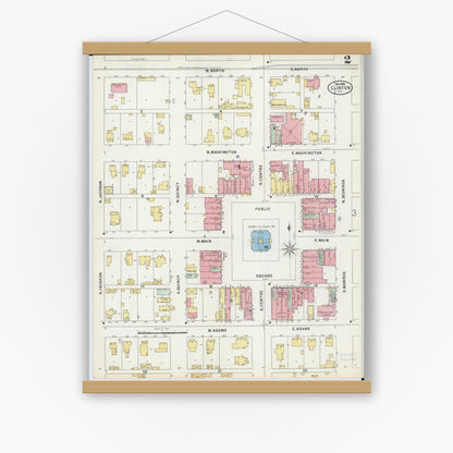 Old map wall art mockup — magnetic wood frame on white wall — Sanborn Fire Insurance Map from Clinton, De Witt County, Illinois (1898), Sheet #0002