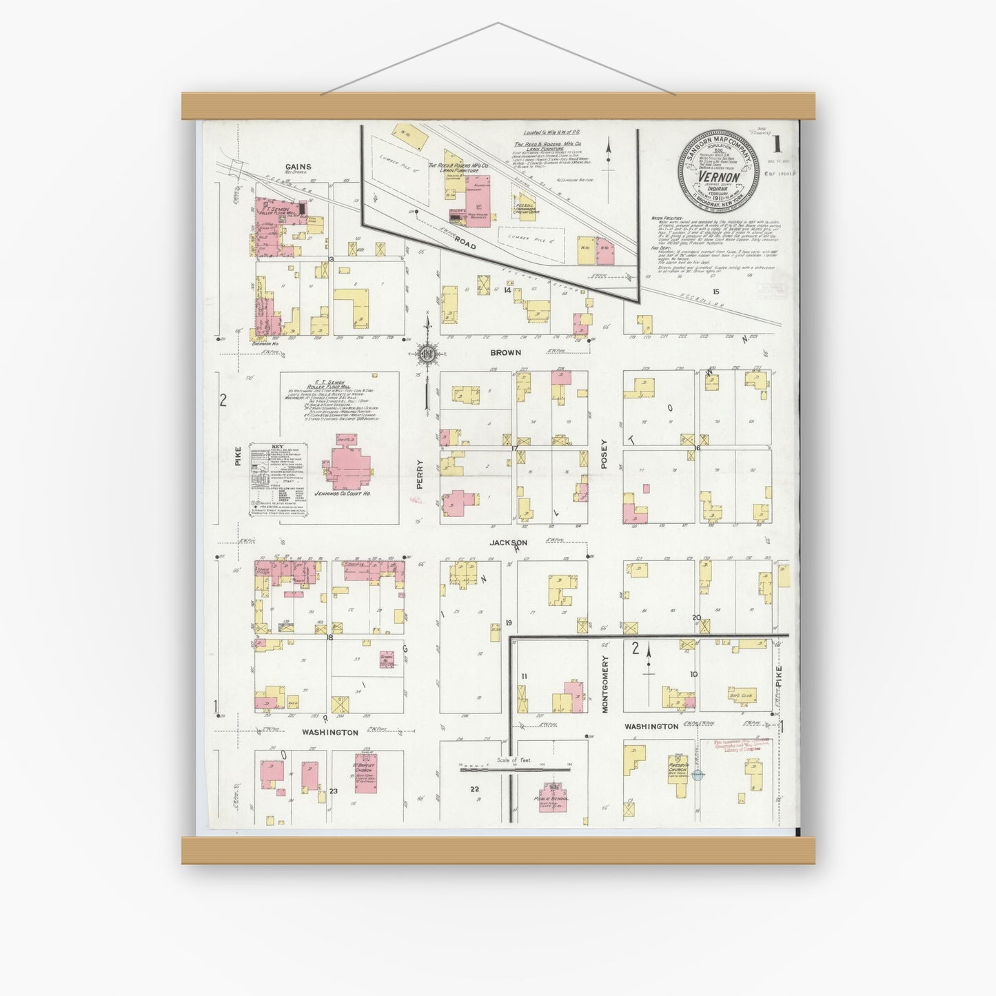 Old map wall art mockup — magnetic wood frame on white wall — Sanborn Fire Insurance Map from Vernon, Jennings County, Indiana (1911), Sheet #0001