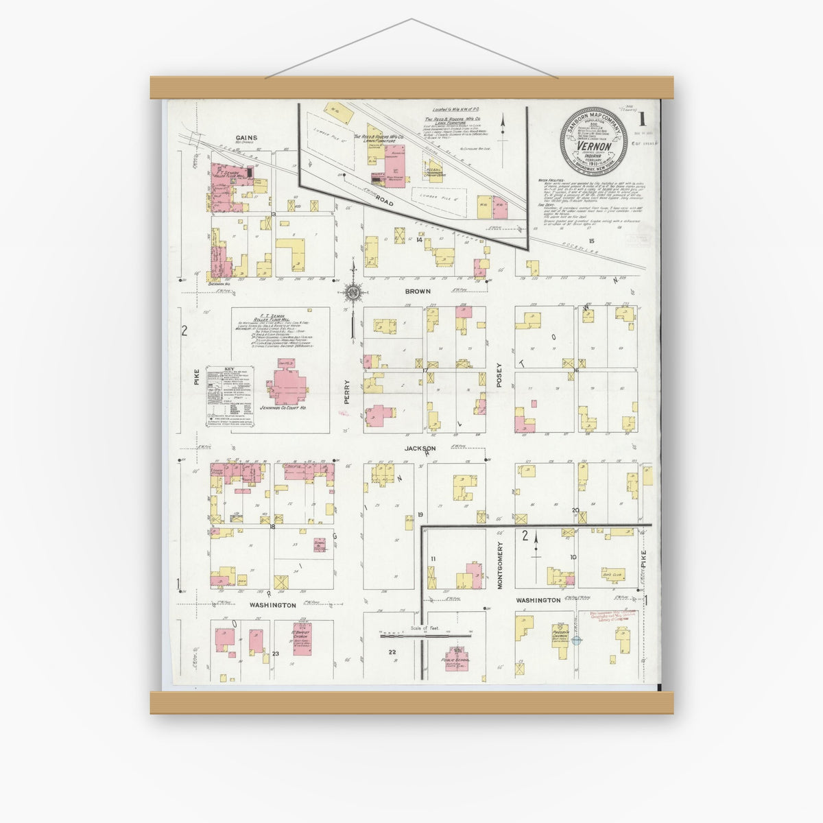 Old map wall art mockup — magnetic wood frame on white wall — Sanborn Fire Insurance Map from Vernon, Jennings County, Indiana (1911), Sheet #0001