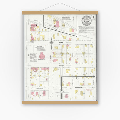 Old map wall art mockup — magnetic wood frame on white wall — Sanborn Fire Insurance Map from Vernon, Jennings County, Indiana (1911), Sheet #0001
