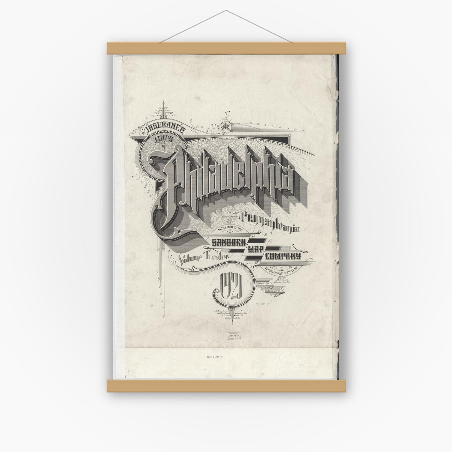 Old map wall art mockup — magnetic wood frame on white wall — Sanborn Fire Insurance Map from Philadelphia, Philadelphia County, Pennsylvania (1920), Sheet #0001