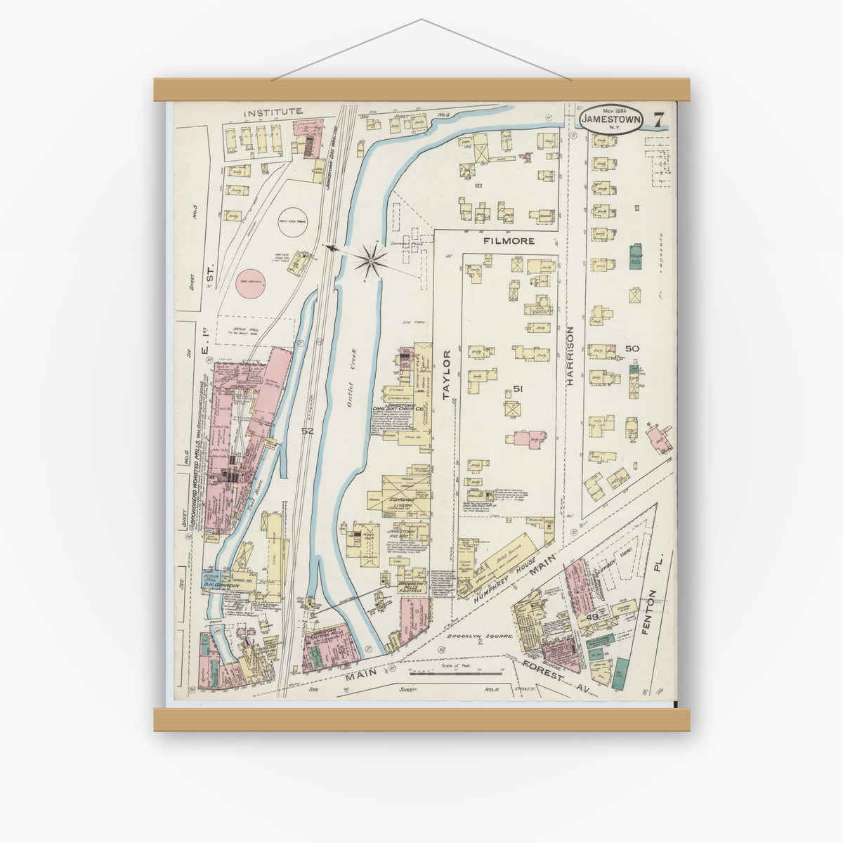 Old map wall art mockup — magnetic wood frame on white wall — Sanborn Fire Insurance Map from Jamestown, Chautauqua County, New York (1886), Sheet #0007